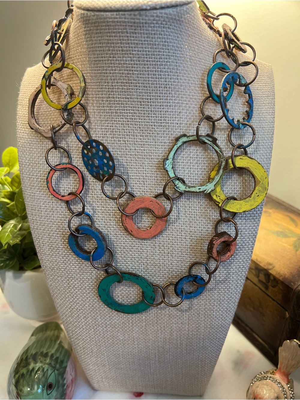 Painted Multi-Ring Women's Necklace - Turquoise, Coral, Yellow, Green